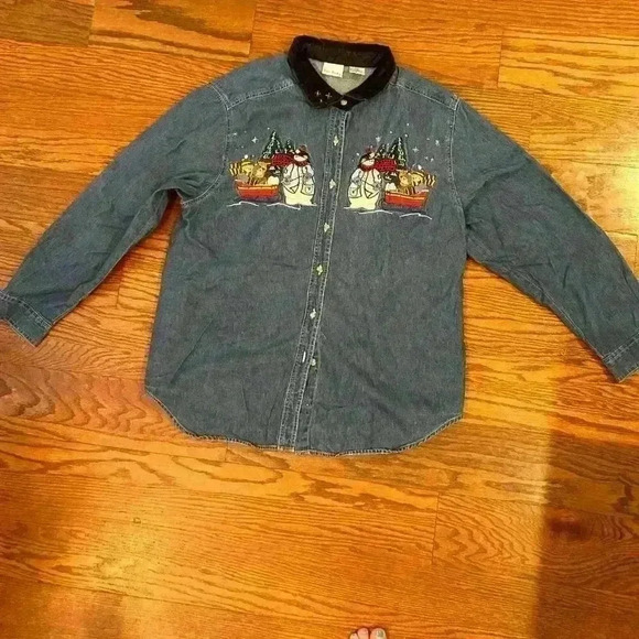 Vintage Christmas Embroidered Denim Shirt Snowman Size XL Ugly Christmas Sweater - Picture 2 of 9